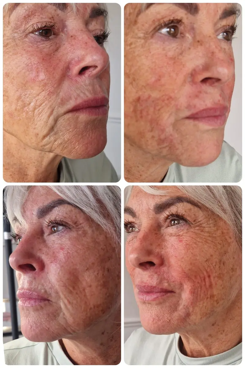 Before and after photos of a client's face from both sides, with the before photos on the left